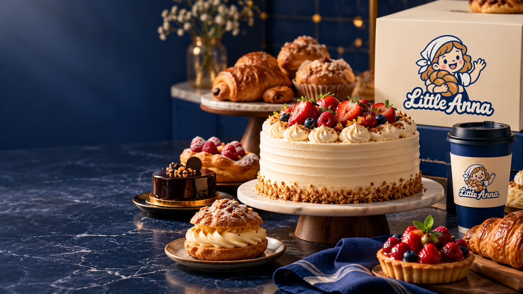 Cake and pastry display in warm natural light